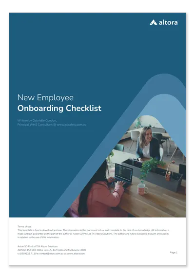 Front cover of Altora's Employee Induction Checklist document