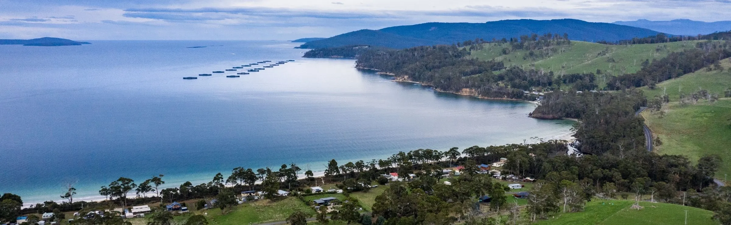 Arial view of ocean farm in Tasmania