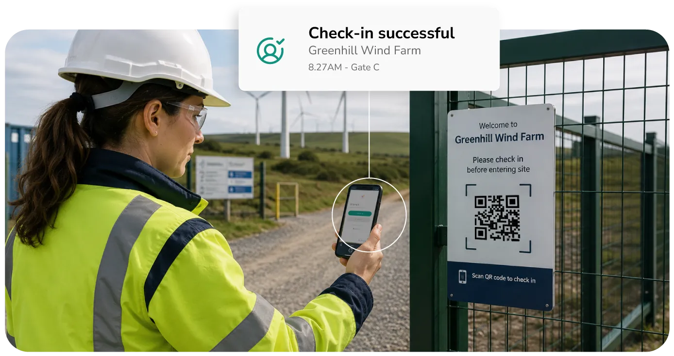 A worker signing in at a windfarm gate, using a QR code check-in system