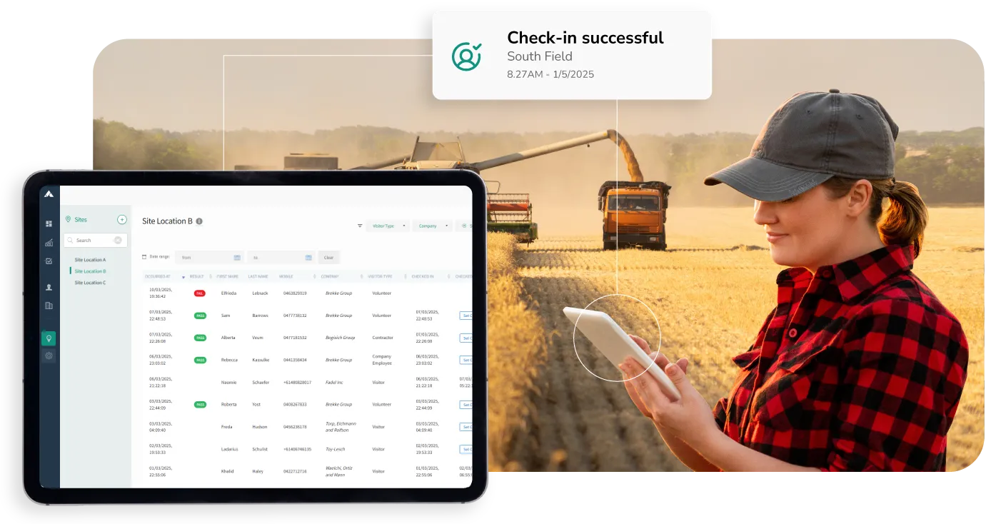 Screenshot of worker check-in system for multiple sites.