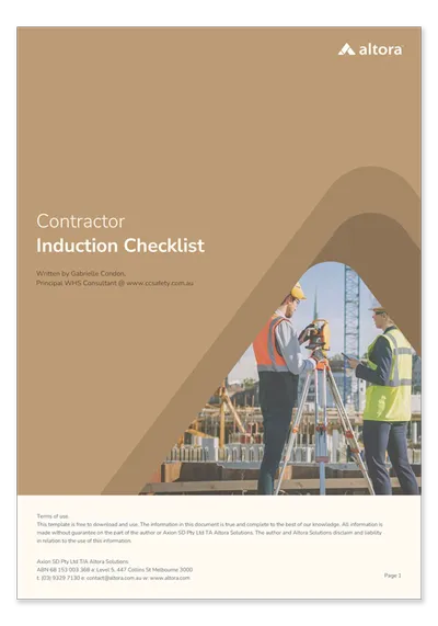Front cover of Altora's Contractor Induction Checklist document