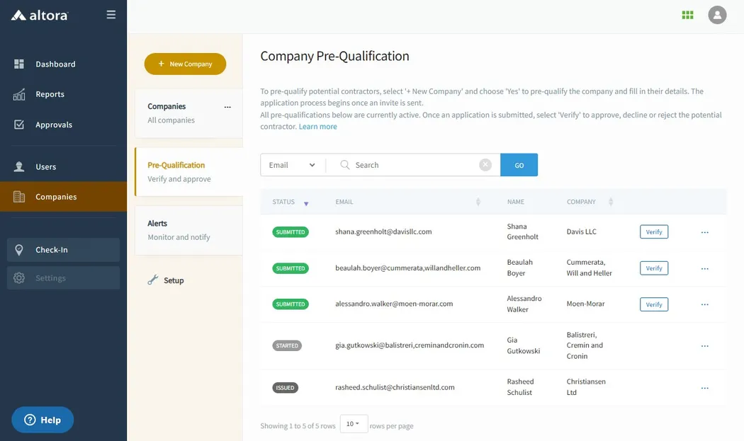 A screenshot of Altora's Contractor Management System