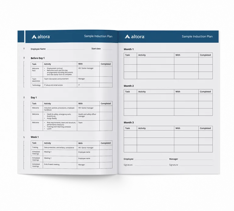 Photograph of a printed copy of the induction plan template