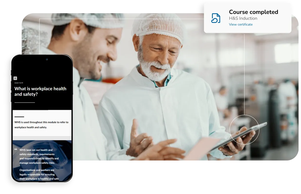 Contractor looking at his tablet and screengrabs of Altora’s contractor portal and Online Induction
System