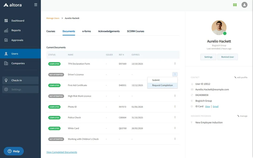 A screenshot of Altora's Online Induction System