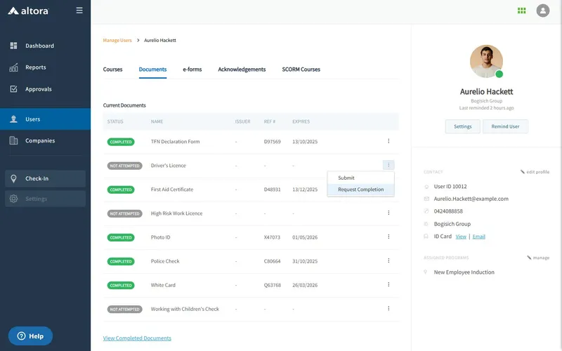 A screenshot of Altora's Online Induction System