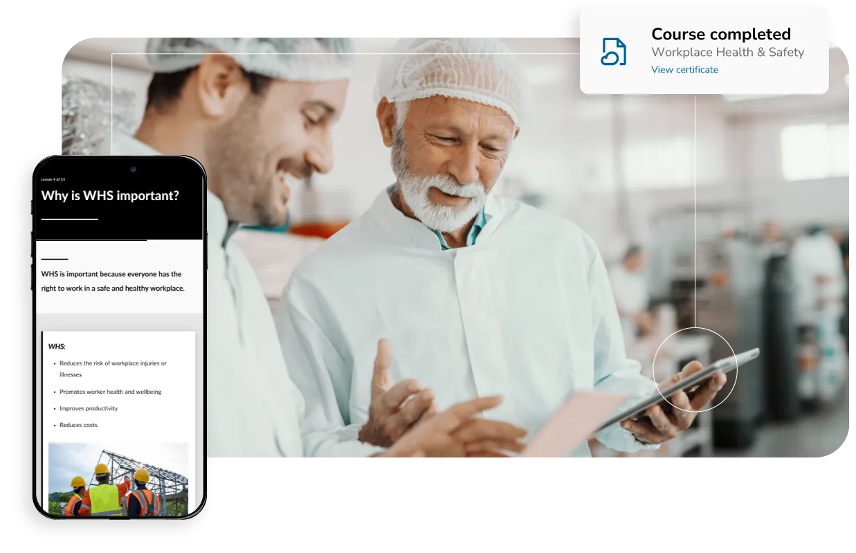 A food production worker in white coat, wearing a hairnet, using the Altora online induction system on a smartphone
