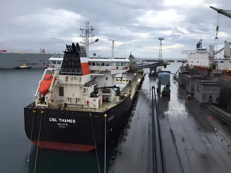 A large cargo ship being loaded while docked in a port