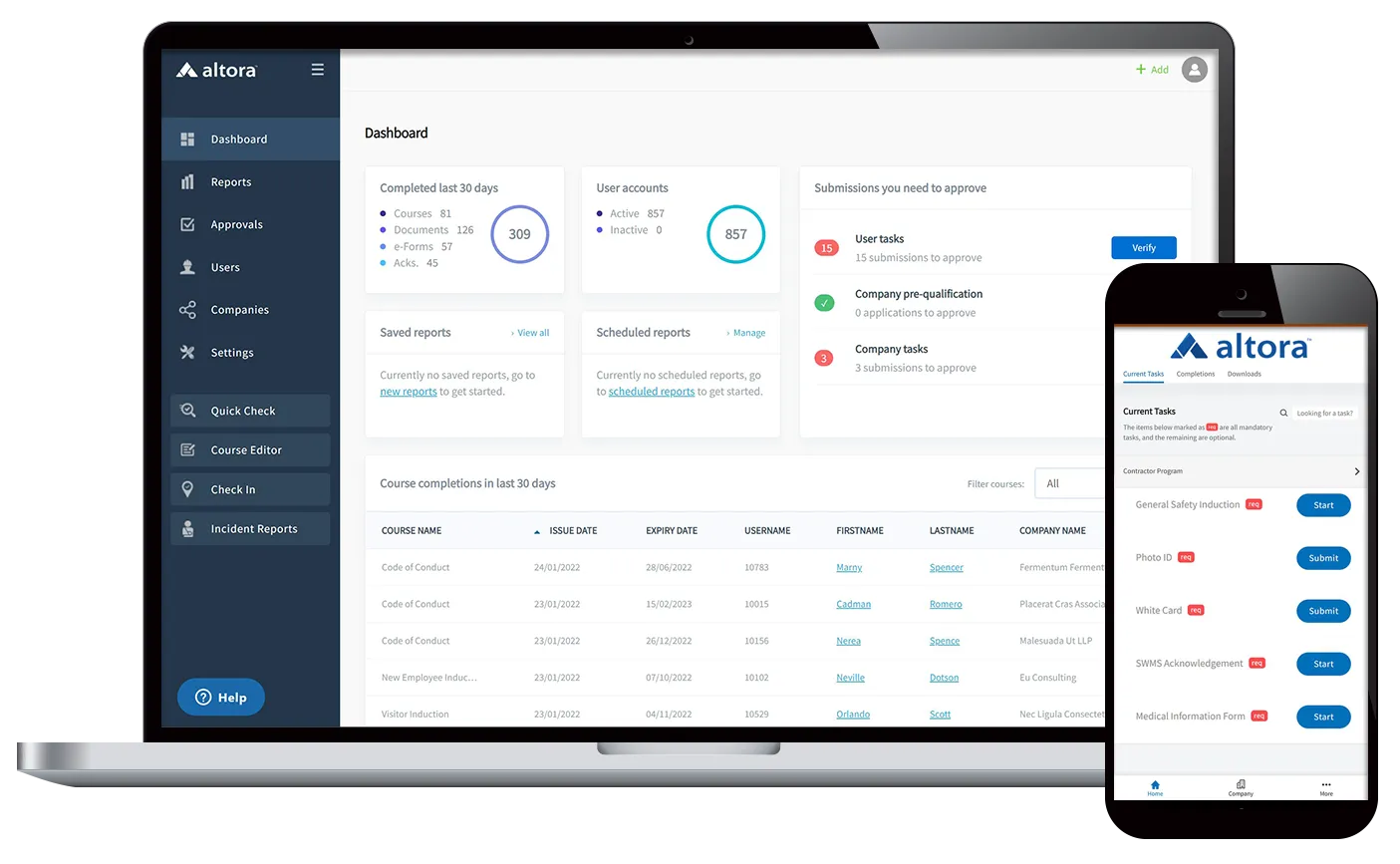 Screenshot of online induction dashboard