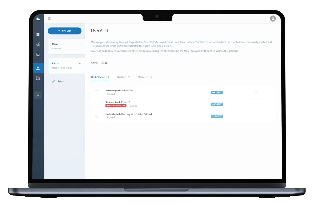 UI with a list of un-actioned user tasks, and controls to send reminder notifications.