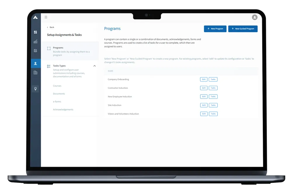 UI to create and manage compliance Programs and Tasks
