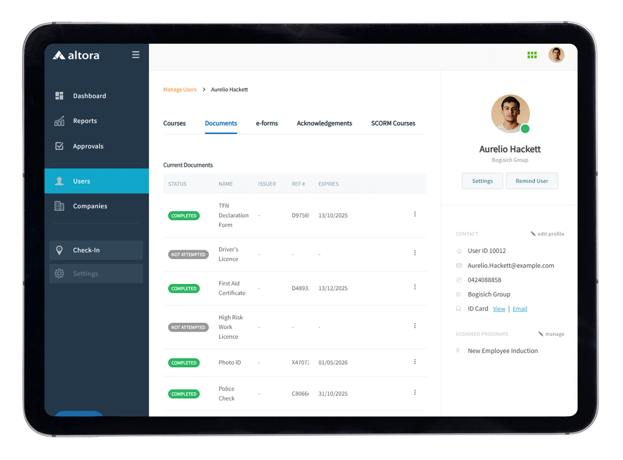 Altora's online induction dashboard running on an iPad