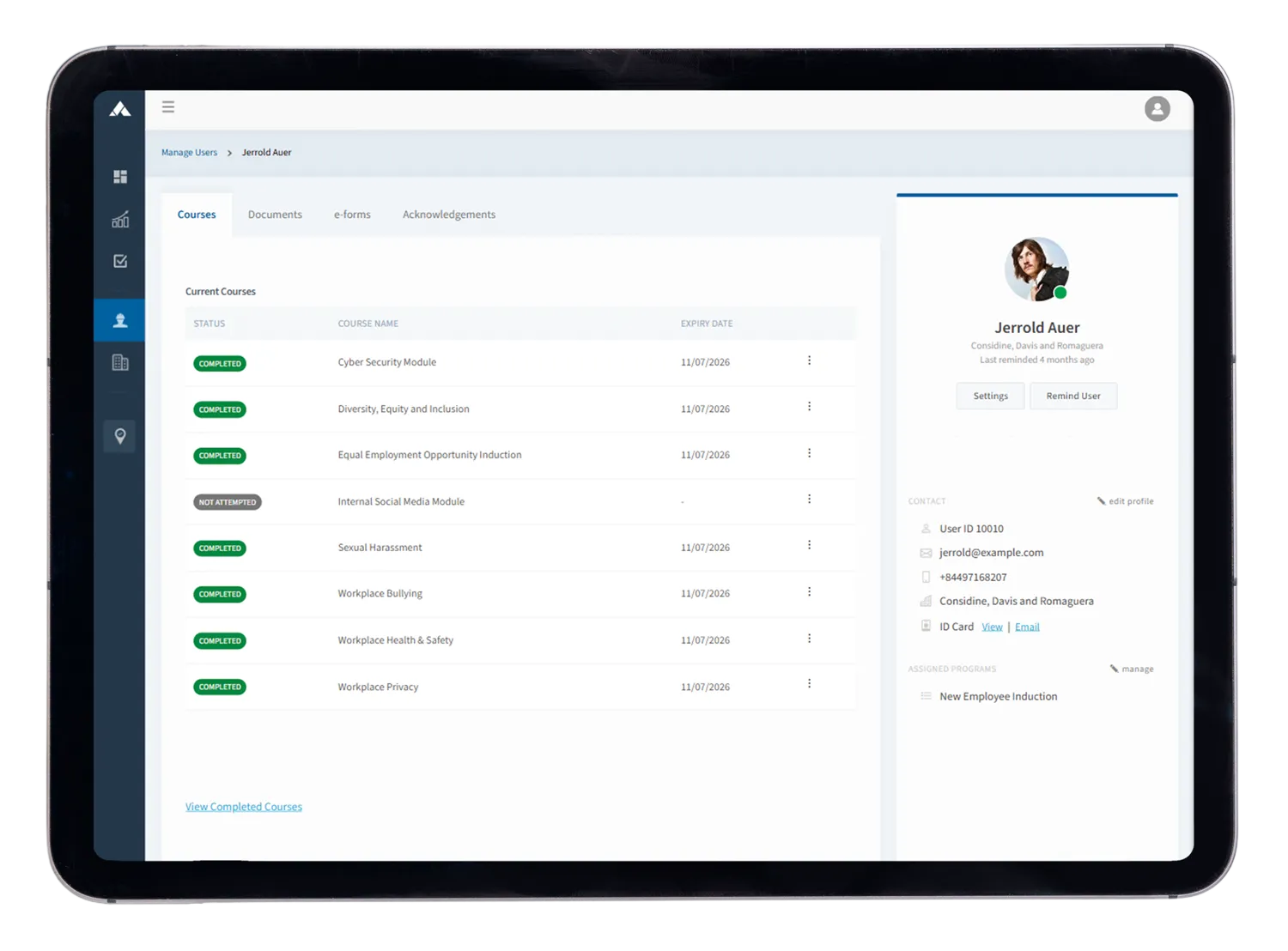 Altora's online induction dashboard running on an iPad