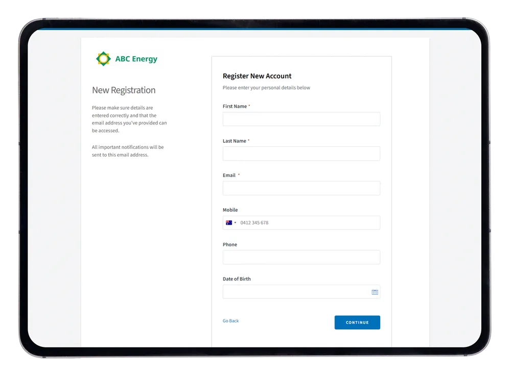 User registration interface, branded with a generic company logo.
