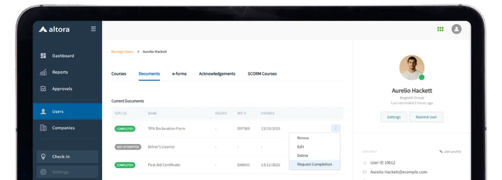 A screenshot of Altora's User Management features