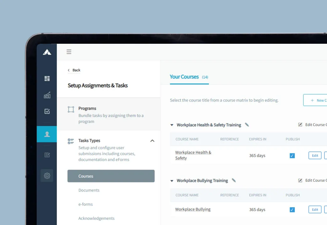 Cropped screenshot of the course management dashboard
