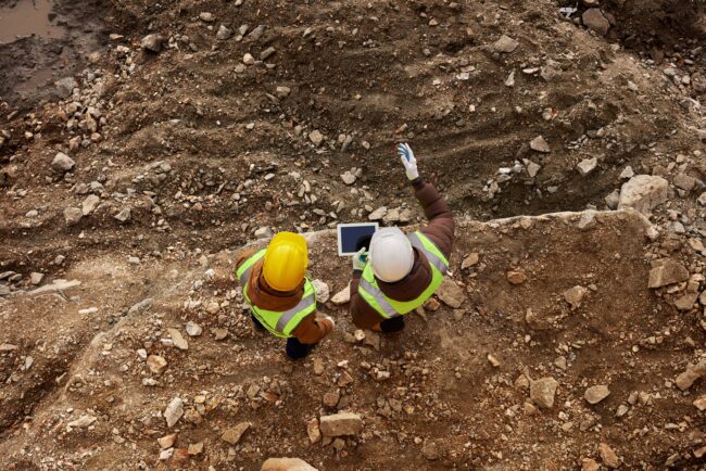 a top view of a 2 people wearing a hard hats on a mining site